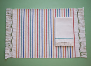 SARA, set de table en tissu avec serviettes, écru à rayures colorées